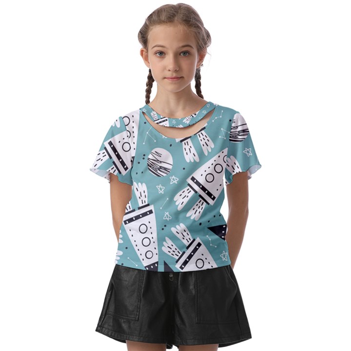 Cute seamless pattern with rocket planets-stars Kids  Front Cut Tee