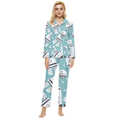 Cute Seamless Pattern With Rocket Planets-stars Womens  Long Sleeve Velvet Pocket Pajamas Set