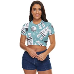 Cute Seamless Pattern With Rocket Planets-stars Side Button Cropped Tee