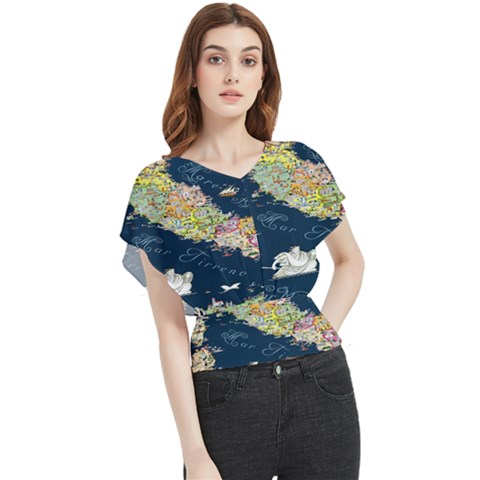 Map Italy Blue Butterfly Chiffon Blouse by ConteMonfrey