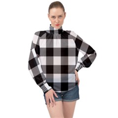 Black And White Plaided  High Neck Long Sleeve Chiffon Top