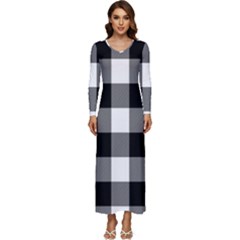 Black And White Plaided  Long Sleeve Velour Longline Maxi Dress