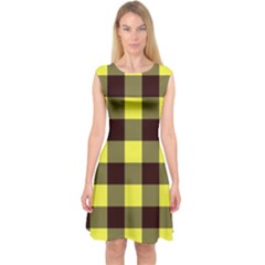 Black And Yellow Big Plaids Capsleeve Midi Dress