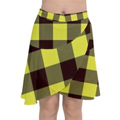 Black And Yellow Big Plaids Chiffon Wrap Front Skirt