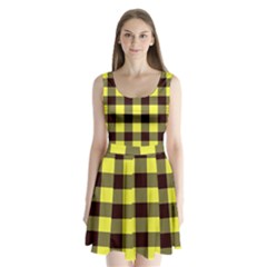 Black And Yellow Big Plaids Split Back Mini Dress 