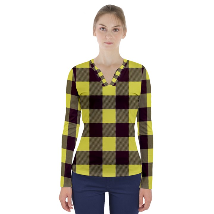 Black and yellow big plaids V-Neck Long Sleeve Top