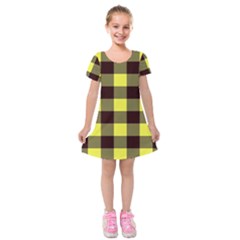 Black And Yellow Big Plaids Kids  Short Sleeve Velvet Dress by ConteMonfrey