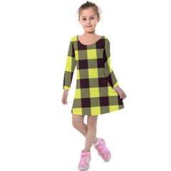 Black And Yellow Big Plaids Kids  Long Sleeve Velvet Dress by ConteMonfrey