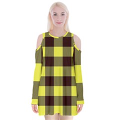 Black And Yellow Big Plaids Velvet Long Sleeve Shoulder Cutout Dress