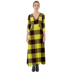 Black And Yellow Big Plaids Button Up Boho Maxi Dress