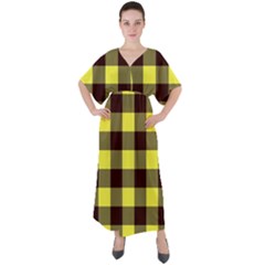 Black And Yellow Big Plaids V-neck Boho Style Maxi Dress