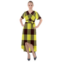 Black And Yellow Big Plaids Front Wrap High Low Dress