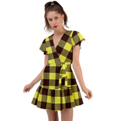 Black And Yellow Big Plaids Flutter Sleeve Wrap Dress