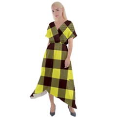 Black And Yellow Big Plaids Cross Front Sharkbite Hem Maxi Dress