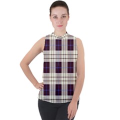 Gray, Purple And Blue Plaids Mock Neck Chiffon Sleeveless Top