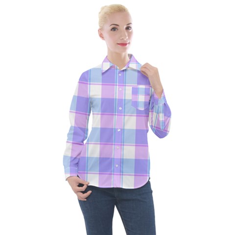 Cotton Candy Plaids - Blue, Pink, White Women s Long Sleeve Pocket Shirt by ConteMonfrey