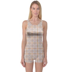 Portuguese Vibes - Brown and white geometric plaids One Piece Boyleg Swimsuit