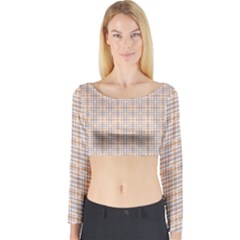 Portuguese Vibes - Brown And White Geometric Plaids Long Sleeve Crop Top