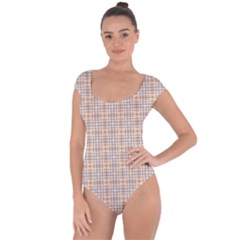 Portuguese Vibes - Brown and white geometric plaids Short Sleeve Leotard 