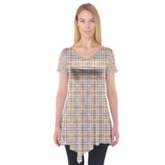 Portuguese Vibes - Brown and white geometric plaids Short Sleeve Tunic 