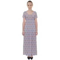 Portuguese Vibes - Brown and white geometric plaids High Waist Short Sleeve Maxi Dress