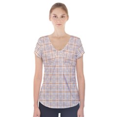 Portuguese Vibes - Brown and white geometric plaids Short Sleeve Front Detail Top