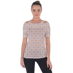Portuguese Vibes - Brown and white geometric plaids Shoulder Cut Out Short Sleeve Top