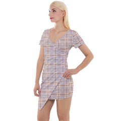 Portuguese Vibes - Brown and white geometric plaids Short Sleeve Asymmetric Mini Dress