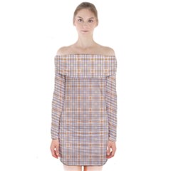 Portuguese Vibes - Brown and white geometric plaids Long Sleeve Off Shoulder Dress