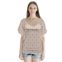 Portuguese Vibes - Brown and white geometric plaids V-Neck Flutter Sleeve Top
