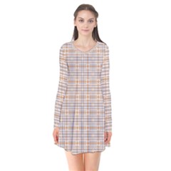 Portuguese Vibes - Brown and white geometric plaids Long Sleeve V-neck Flare Dress