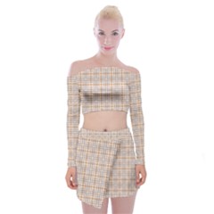 Portuguese Vibes - Brown and white geometric plaids Off Shoulder Top with Mini Skirt Set