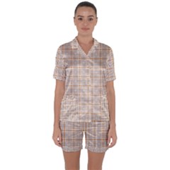Portuguese Vibes - Brown and white geometric plaids Satin Short Sleeve Pajamas Set