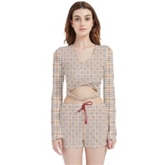Portuguese Vibes - Brown and white geometric plaids Velvet Wrap Crop Top and Shorts Set