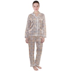 Portuguese Vibes - Brown and white geometric plaids Satin Long Sleeve Pajamas Set