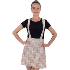 Portuguese Vibes - Brown and white geometric plaids Velvet Suspender Skater Skirt