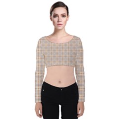 Portuguese Vibes - Brown and white geometric plaids Velvet Long Sleeve Crop Top