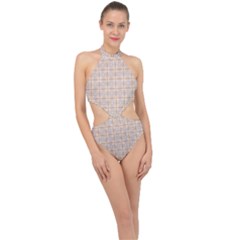 Portuguese Vibes - Brown and white geometric plaids Halter Side Cut Swimsuit