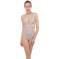 Portuguese Vibes - Brown and white geometric plaids Halter Front Plunge Swimsuit