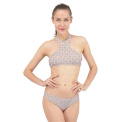 Portuguese Vibes - Brown and white geometric plaids High Neck Bikini Set