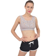 Portuguese Vibes - Brown And White Geometric Plaids V-back Sports Bra by ConteMonfrey