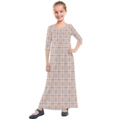 Portuguese Vibes - Brown and white geometric plaids Kids  Quarter Sleeve Maxi Dress