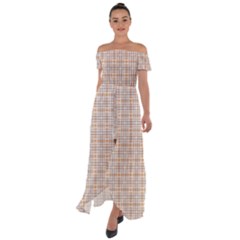 Portuguese Vibes - Brown and white geometric plaids Off Shoulder Open Front Chiffon Dress