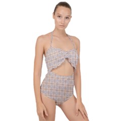 Portuguese Vibes - Brown and white geometric plaids Scallop Top Cut Out Swimsuit