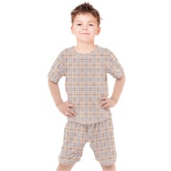 Portuguese Vibes - Brown and white geometric plaids Kids  Tee and Shorts Set