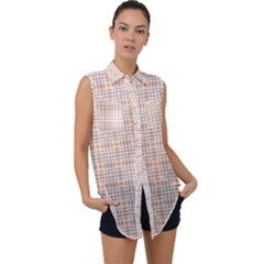 Portuguese Vibes - Brown and white geometric plaids Sleeveless Chiffon Button Shirt