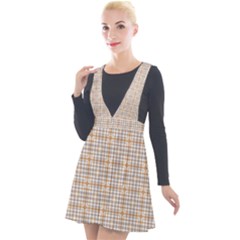 Portuguese Vibes - Brown and white geometric plaids Plunge Pinafore Velour Dress
