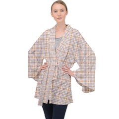 Portuguese Vibes - Brown and white geometric plaids Long Sleeve Velvet Kimono 