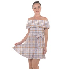 Portuguese Vibes - Brown and white geometric plaids Off Shoulder Velour Dress