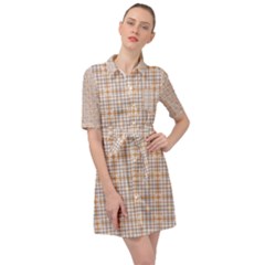 Portuguese Vibes - Brown and white geometric plaids Belted Shirt Dress